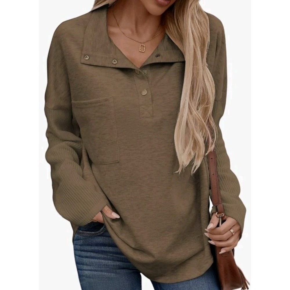 NWT Shewin Womens Oversized Button‎ Up Pullover Sweatshirt - Size M - Dark Brown